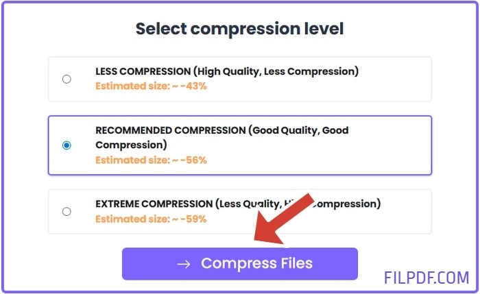 Select compression level and quality options