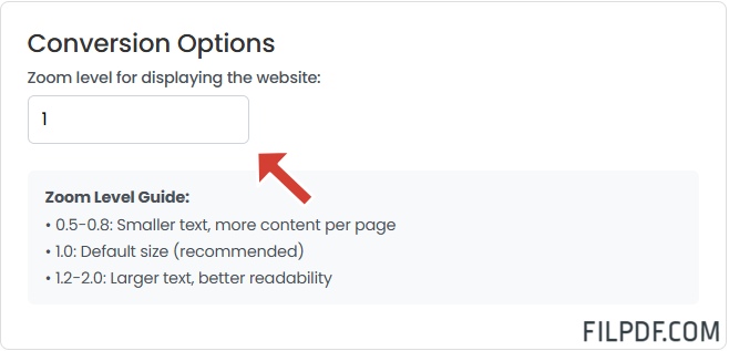 Set HTML to PDF conversion options and zoom level