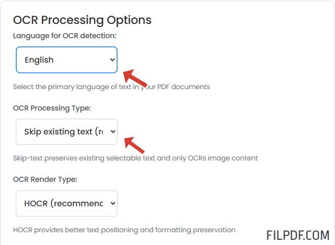 Configure OCR processing options and language settings