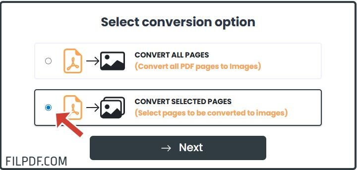 Select conversion options for PDF to JPG - all pages or specific pages