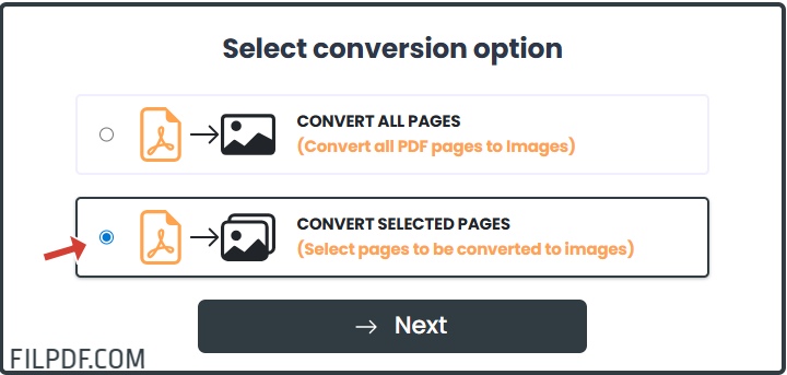 Select conversion options - all pages or specific pages to PNG