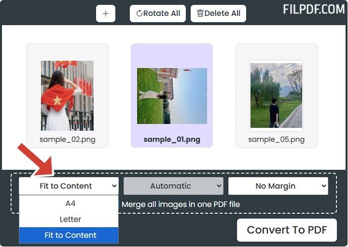 Configure settings to combine PNG to PDF or create separate PDF files online