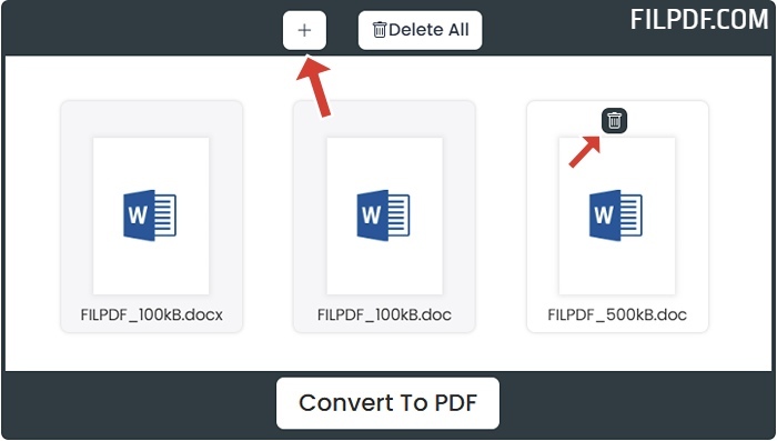 Interface displaying multiple uploaded Word files with add/remove options